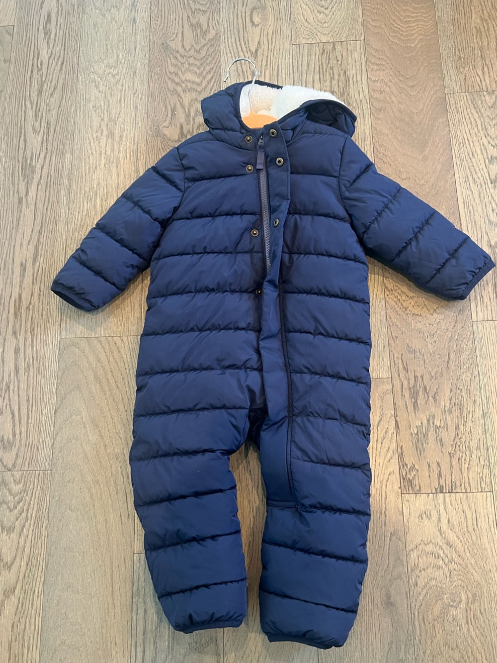 Primary Navy Puffer One-Piece Footie with Hood